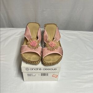 Andre Assous Pink Women’s Espadrille Wedge Silk Sandals with Floral Design